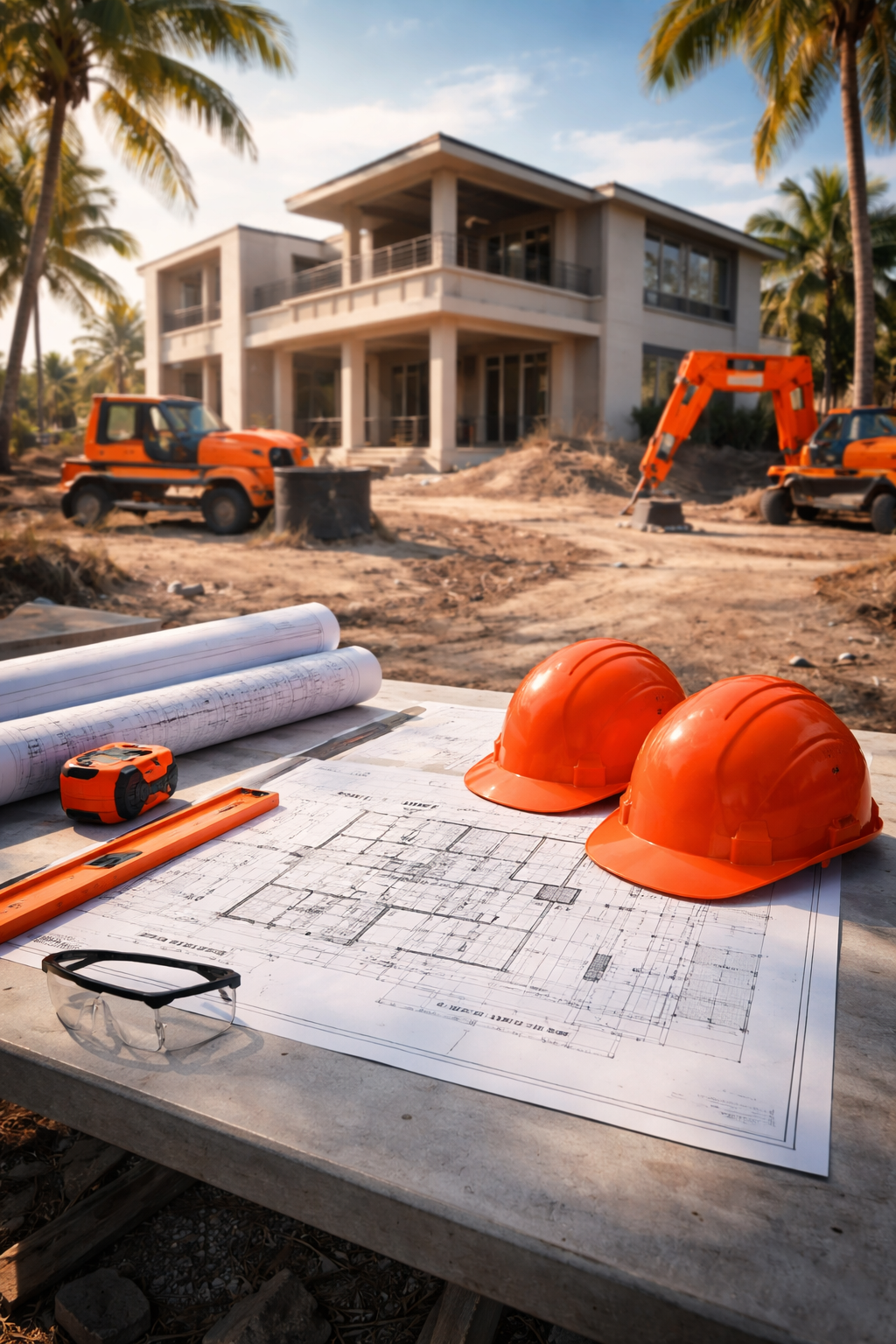 Construction meeting at a clean, organized Florida jobsite Construction meeting at a clean, organized Florida jobsite