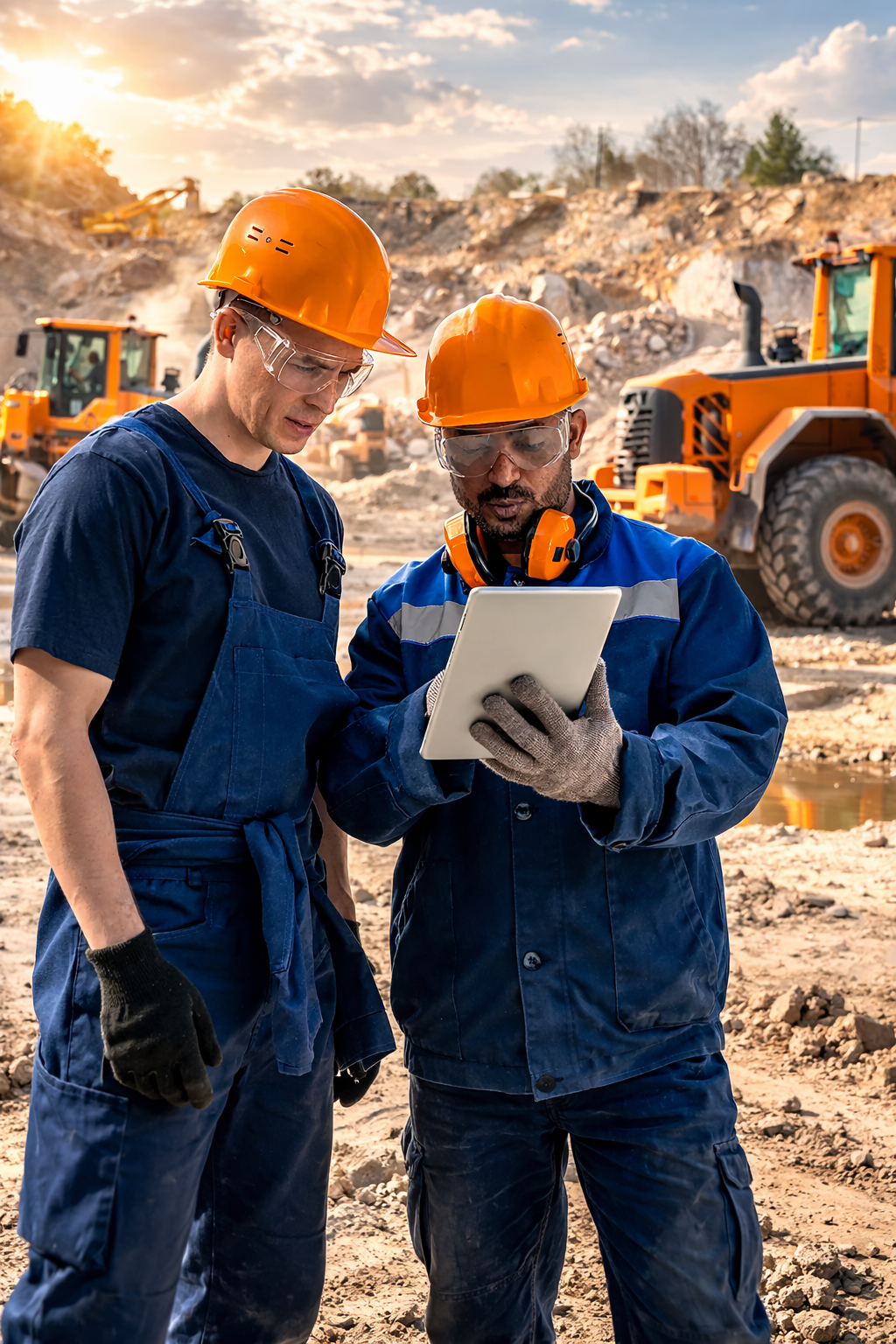 Project manager reviewing plans at a clean, organized construction site in Florida
