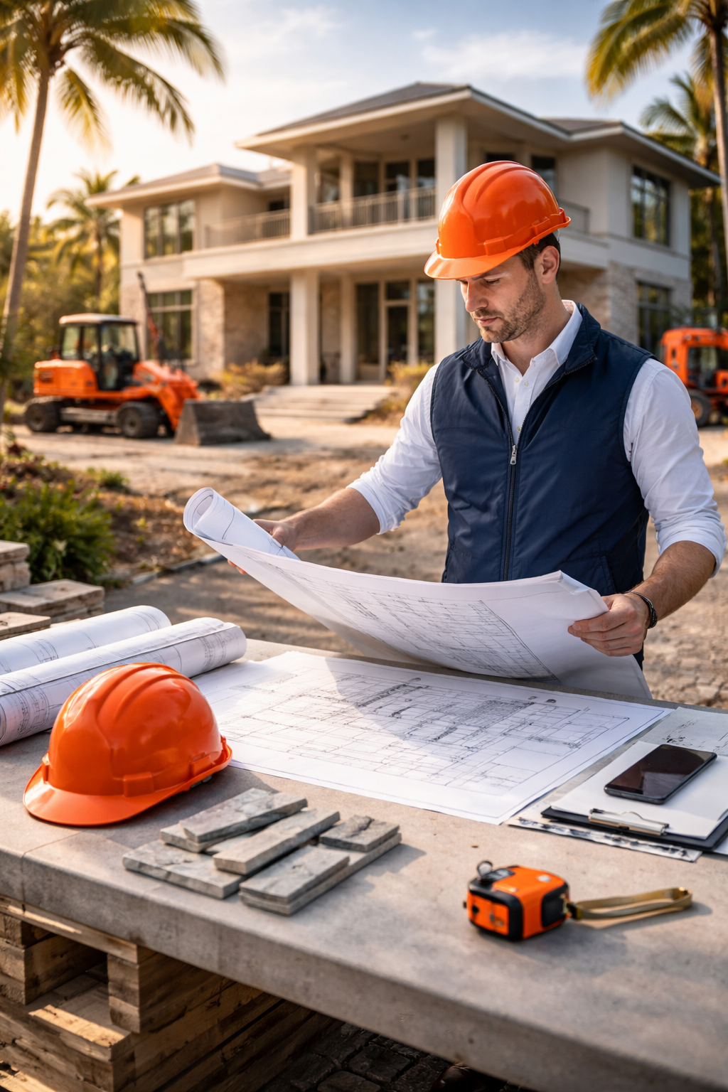 A project manager reviewing plans, quality materials A project manager reviewing plans, quality materials